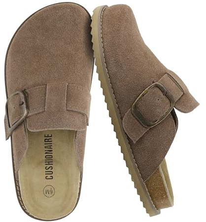 CUSHIONAIRE Blain Genuine Suede Clogs for Women | Slip-On Mules with Memory Foam & Oversized Buckle | Non-Slip Comfort Clogs & Mules Shoes for Women, Taupe 8