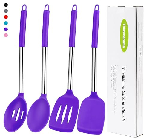 Silicone Spatula Spoon Set, 4 PCS Silicone Cooking Utensils Spatula Spoon Set with Stainless Steel Handle, BPA Free Kitchen Turners for Frying, Mixing, Serving, Draining, Turning, Stirring, Purple
