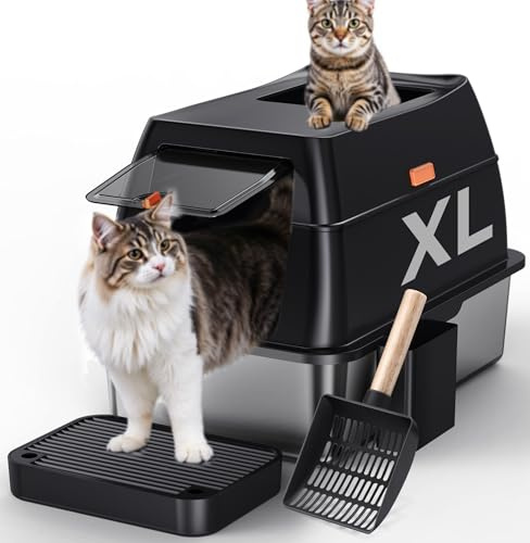 Gimars Caja de Arena para Gatos 3 en 1 de Acero Inoxidable con Laterales Altos y Antifugas, Caja de Arena Cerrada Extragrande de Fácil Limpieza con Pala, Entrada Frontal y Superior para Varios Gatos
