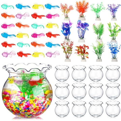 Jexine 12 Pack Plastic Fish Bowl 48 Pcs Floating Fake Goldfish 12 Pcs Artificial Aquatic Plant 2.65 Pound Tank Rock for Aquarium Tank Party Table Centerpiece Decoration Accessories(Colored Stone)