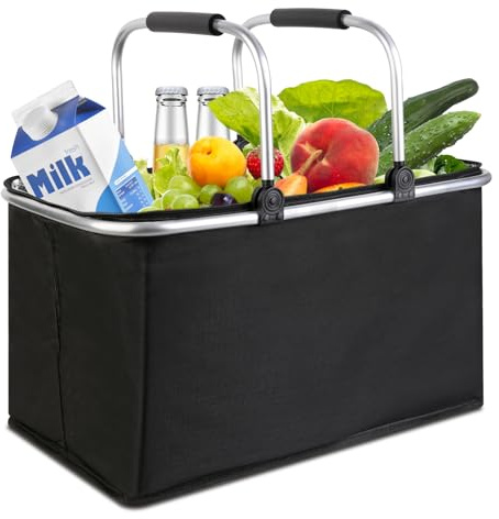 kühlkorb einkaufskorb 47L,Mit Reißverschluss isolierter, Faltbarer Picknickkorb,Klapprahmen aus Aluminiumlegierung mit Griff, gepolsterte Stützstange,für Picknicks im Freien, Einkaufen und Reisen
