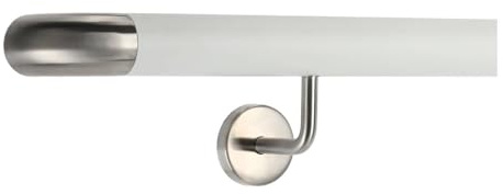TIBU Handlauf weiß 30-600cm Treppengeländer aus Edelstahl mit gewinkelte Handlaufhalter, Länge 90 cm mit 2 Halter und Bogen zur Wand
