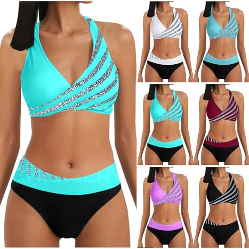 Beichwtd Damen Bikini Set High Waist Push Up Neckholder Bauchkontrolle Zweiteiler Badeanzug V-Ausschnitt Triangel Strand