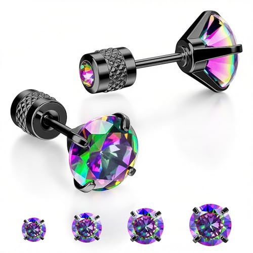 MHWTTY Hypoallergenic Cartilage Earrings for Women Men, 1 Pairs Titanium Stud for Women Gold Silver Black 20G Post & Screw Back with Cubic Zirconia 6mm Piercing Jewelry (Black+Rainbow CZ, 6mm)