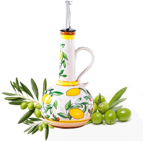 Gnlnkn Ceramic Olive Oil Dispenser Bottle – 18.3 oz Oil Cruet with Spout and Handle, Lemon Pattern, 10.2” Tall – Non-Drip Pourer for Kitchen Counter, Salad Dressing, Vinegar, Decorative Oil Container