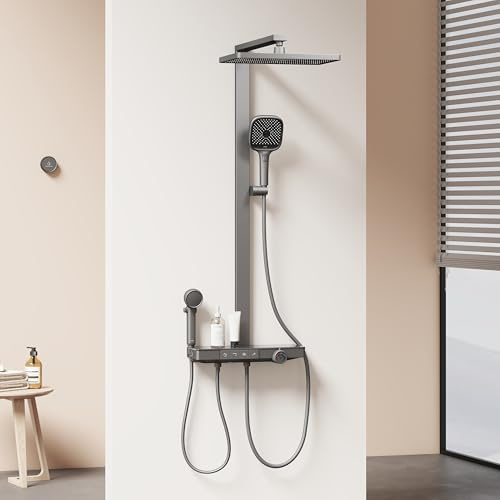 EMKE Duschsystem mit Thermostat Anthrazit Matt, 38℃ Sicherheitssperre, Regendusche mit Armatur 4 Auslaufarten & Kindebrause, Duschset 36x24cm Regendusche, 3-Strahlarten Handbrause, Höhenverstellbar