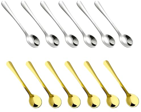 12 Stück Espressolöffel Mini 7,5cm, Edelstahl Kleine Löffel Set in Silber & Gold, 304 Stahl Teelöffel für Gewürze, Dessert, Kaffee & Mokka, Spülmaschinenfest Mini Löffel für Gläser, 2 Farben