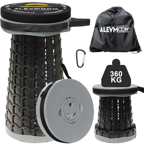 ALEVMOOM Klapphocker,Teleskophocker mit Kissen Karabiner und Tragetasche,Einfach und Tragbar,Camping-Hocker,für Grill,Angeln,Wandern, Garten,Maximale Tragfähigkeit von 360kg
