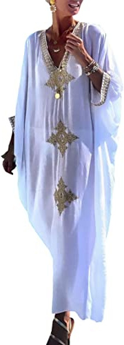 YouKD Maxi abito lungo da donna, bohémien, stile caftano, estivo, adatto come copricostume, Bianco e giallo., Taglia unica