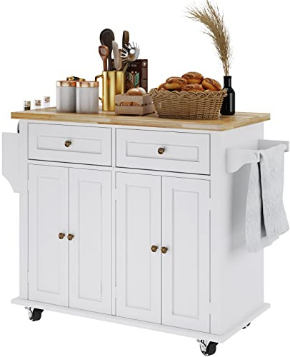 DlandHome Cartel de cocina, mueble de almacenamiento con ruedas, aparador, carro de bar, isla con gran encimera con toallero cajones y puertas,Blanco Y Arce
