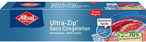 ALBAL Sacs Congélation Ultra Zip (15 x 3 L), Fermeture Zip, Sachets alimentaire résistants pour conserver et congeler