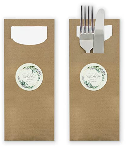 itenga 24x Bestecktaschen Pochetten aus Papier inkl. Serviette I Schön DASS du da bist Eukalyptus I 8,2 cm x 20,0 cm I geeignet für alle Anlässe und Feierlichkeiten