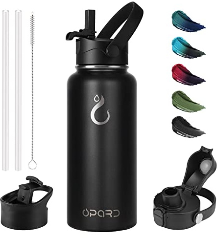 Opard 1L Edelstahl Trinkflasche, 3 Deckel (Strohhalmdeckel, Klappdeckel, Ausgießerdeckel)，Thermoskanne Vakuum Doppelwandisolierung Auslaufsicher Thermosflasche für Sport, Reisen, Camping
