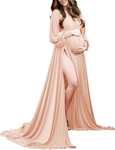 Dedysler Umstandskleider, langärmelig, Babyparty-Kleid für Fotoshooting, Wickelkleid, Schlitz, Herzausschnitt, Maxi, Mittel