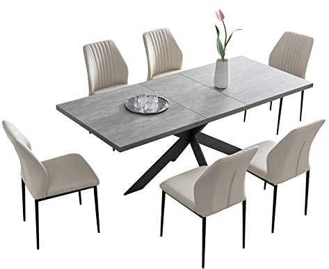 JIEXI Essgruppen Für 4-6 Personen, Esstisch Ausziehbar Mit Stühlen, Moderner Grauer MDF-Holztisch, Geeignet Für Wohnzimmer, Küche, Versammlungen Mit Vielen Personen (130-170cm Tisch + 6 Weiß Stühle)