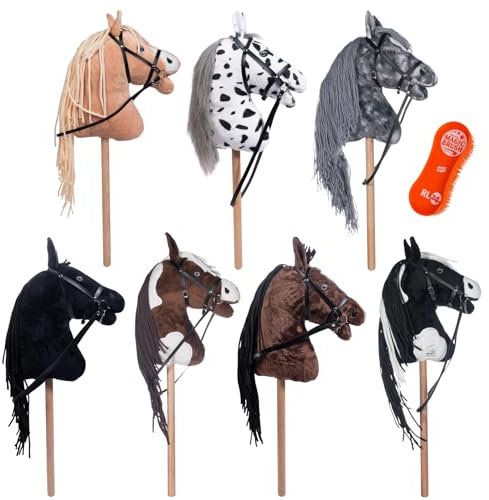 RL24 HKM - Hobby Horse Maya inkl MagicBrush | Steckenpferd mit Trense | Spielpferd aus Plüsch mit Holzstock & Langer Mähne | Stockpferd ohne Griffe & Rollen | weiß