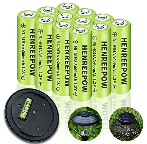 HENREEPOW Solar AA Rechargeable Batteries, Ni-MH Double A Regular Capacity 1.2V Pre-Charged for Garden Solar Lights, String Lights and Other Everyday Electronic (Low Power) Devices. (AA-600mAh-12pack)