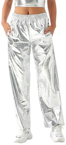 NewL Pantalones de Hip Hop Brillantes para Mujer, Aspecto húmedo, Pierna Ancha, Retro, Discoteca, Hippie, Club, Pierna Recta, Ropa de Calle, Plata, S