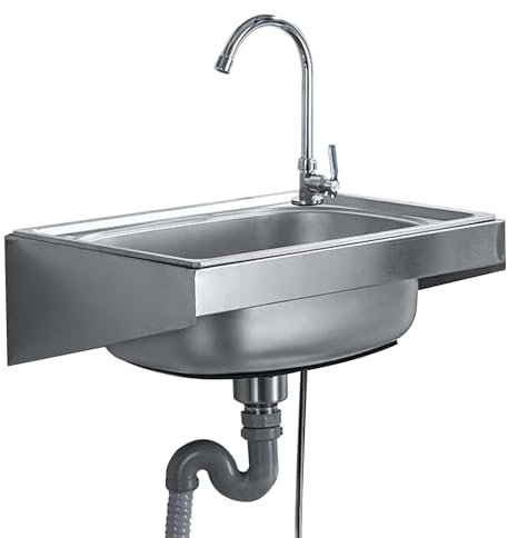 Edelstahl Spülbecken Handwaschbecken Wandmontage Ausgussbecken Camping Spüle Waschbecken Inkl Wasserhahn Edelstahlspüle Für Garage Werkstatt Waschküche Badezimmer (37x31cm)