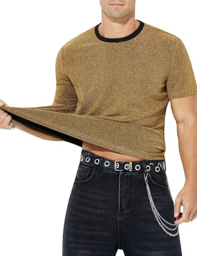 Mauro Kane Glitzer Hemd Herren Pailletten Oberteil Herren Rave Party Outfit | Glänzend Kurzarm T-Shirt Herren Disco Retro Vintage Shirt für Nachtclub, Karneval und Festival, S~2XL