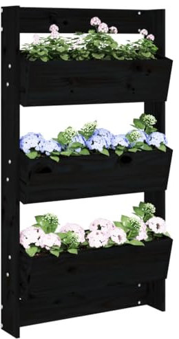 CIADAZ Jardinière Murale 3 Niveaux 60x18,5x110 cm Noir Bois pin Massif,Jardiniere sur Pieds,Bac avec Treillis,Jardiniere Terrasse