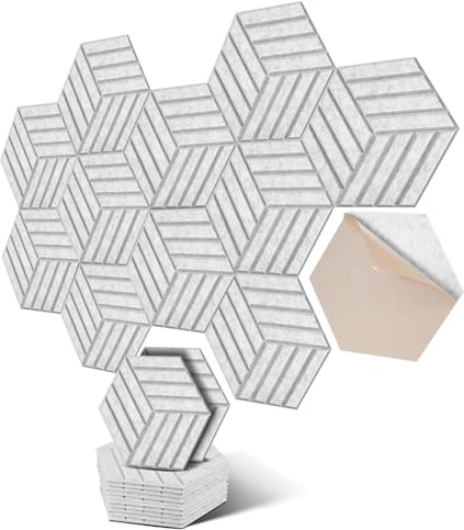 Paneles acústicos hexagonales autoadhesivos, absorbentes de sonido para pared y techo, 30 x 26 x 0,9 cm, 12 unidades, color blanco, perfectos para salas de estar, KTV, salas de música y oficinas.