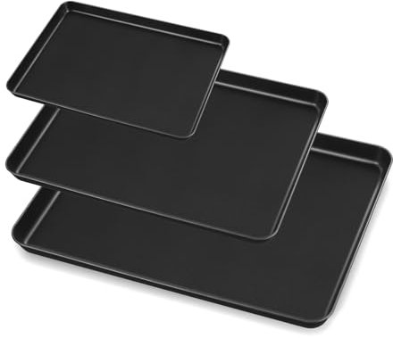Onader Baking Tray Set of 3, Carbon Steel Baking Sheet Pans for Oven Non-Stick, Rectangle Traybake Tin for Roasting Cooking Serving, Healthy & Non-Toxic, Easy Clean - 3 Sizes