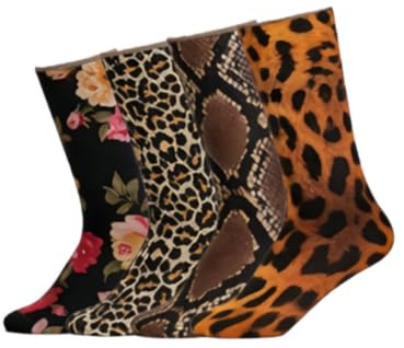 CAIRF 4 Paar Damen Leopard Schlange Tiger Muster Socken Vintage Blumen Strümpfe Ultra-dünne Atmungsaktive Anti-Haken Kurze Socken Sexy Hohe Elastizität Bunte Socken