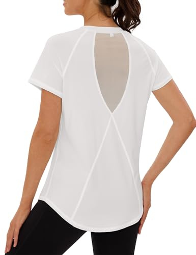 Terecey Gym Tops Women, Sports T-Shirt Workout Yoga Tops, Short Sleeve Lightweight Moisture Running Top for Ladies with Back Mesh S-3XL White
