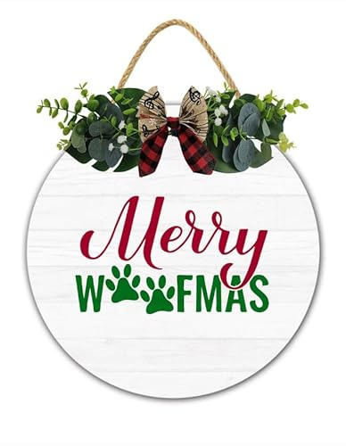 Christmas Front Door Decor Merry Woofmas Christmas Dog Sign Christmas Wreath Front Door Hanger Farmhouse Wall Hanging 30X30CM Circle Wooden Sign