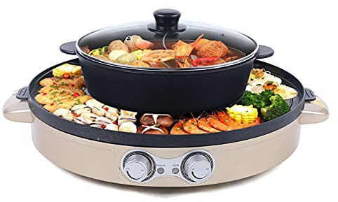 Charocean 2200W Hot Pot Elektrisch Hotpot Topf 220V Elektrogrill 2 in 1 Multifunktion Elektrische Grill Hot pot mit Abnehmbar Kochplatte, Elektrische Hot Pots für Wohnheim Zuhause (Gold)