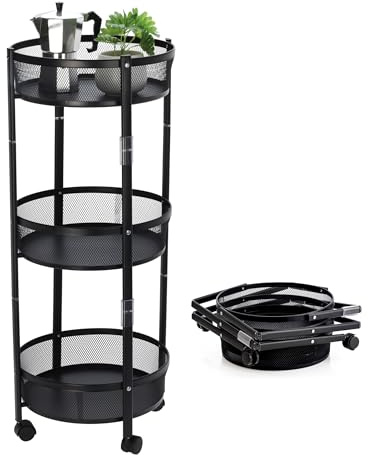 Spetebo Rullvagn i metall, svart, rund med 3 hyllor, hopfällbar – 88 x 37 cm, vikbar köksvagn med 3 förvaringskorgar, serveringsvagn, sidovagn, vikhylla för kök, badrum, hall, flyttbar