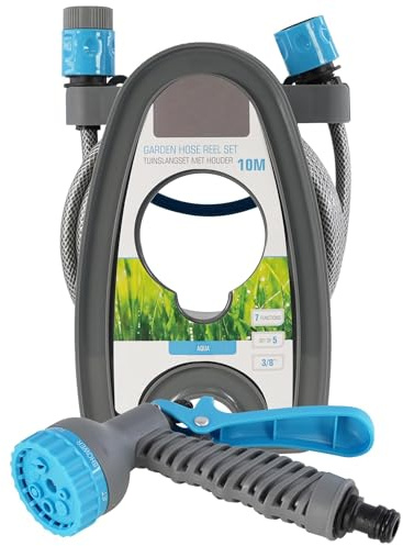 GEEZY Garden Hose Reel Set - 10m Hose Pipe with 7-Function Spray Gun, Reel & Connectors - Suitable for Lawn, Garden, Balcony, Terrace - 3/8 Inside Diameter, Blue