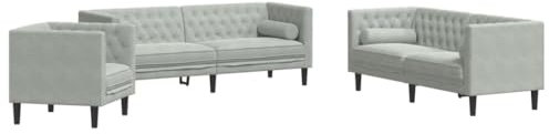 Generisch Kangmusi 3-TLG. Chesterfield-Sofa-Set mit Nackenrollen Hellgrau Samt, Grau 3209281