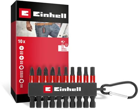 Original Einhell Impact-Bit-Set 10-tlg. (50-mm-Bits PH/PZ/T/H, S2-Stahl, Bit-Riegel mit Karabiner, E 6.3 Schaft)