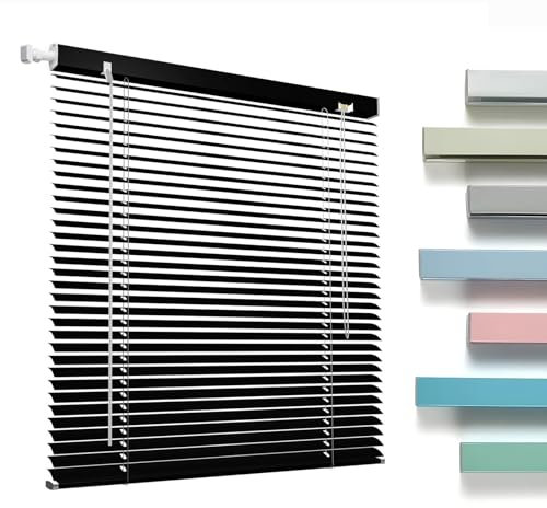 No Drill No Tools 1 Inch Aluminium Mini Blinds Cordless Horizontal Blinds for Indoor Windows, Blackout Window Shades Custom 10 28 32 36 42 48 56 64 68 76 for Home Office Living Room(Black)