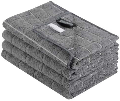 KinHwa Mikrofaser Geschirrtücher 45x65 cm 4er Set Grau fusselfrei | Saugstark, schnelltrocknend, streifenfrei. 260 g/m² Küchenhandtücher. Ideal für Geschirr und Gläser. Aufhängeschlaufe.