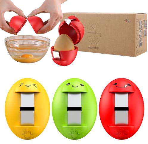 PowCube Egg Cracker, Silicone Egg Shell Opener, Cute Egg Shaped Design, Opens Eggs with Ease, A Little Happiness Boost for Your Kitchen. (3-Pack–Green, Red, Yellow)