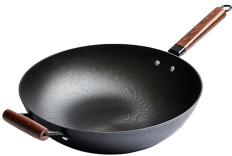 CAFIEDR Wok Cinesi in Ferro martellato a Mano, padelle in ghisa per Saltare in Padella con Coperchio in Legno, Senza Rivestimento/pentola Antiaderente, 32 cm
