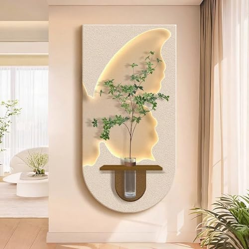 Decoración de Pared de Arenisca con luz LED, Pintura Cuadros Decorativos Colgante 3D, Escultura Creativa Con Jarrón Y Planta Artificial, para Sala De Estar, Entrada(White 2,40 * 80cm/16 * 31.5in)