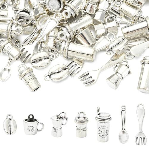 Ipotkitt 70 dijes de plata envejecida con temática de café, estilo tibetano, taza, cuchara, tenedor, para manualidades, pulseras, collares, aretes, decoración