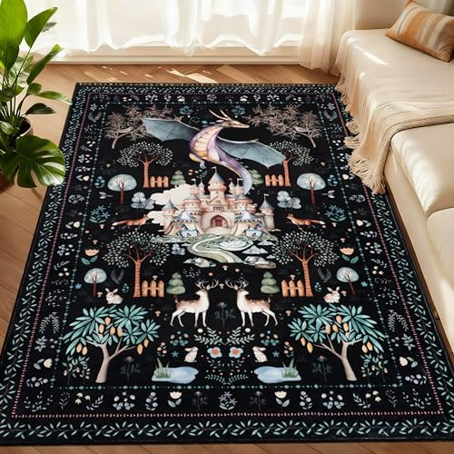 TUKDAK Drachen Teppich Wohnzimmer rutschfest 120x180cm,Schwarz Waschbar Teppich Schlafzimmer,Boho Tiere Kurzflor Bettvorleger Teppiche Gegend,Fantasy Dschungel Teppichen Kinderzimmer Büro Esszimmer