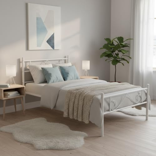 FurnitureR Einzelbett Metall 90×200 cm, stabiles Plattformbett mit Lattenrost, klassisches Gestell mit Kopf- & Fußteil, für Schlafzimmer, Gästezimmer & Jugendzimmer, bis 150 kg belastbar，Weiß B
