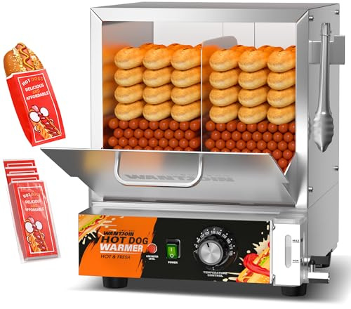 WantJoin Hot Dog Steamer Machine - 28.8QT Commercial Electric Hotdog Machine with Bun Warmer, Tempered Glass Stainless Steel Steaming Machine for 90-105 Sausages and 30-40 Buns
