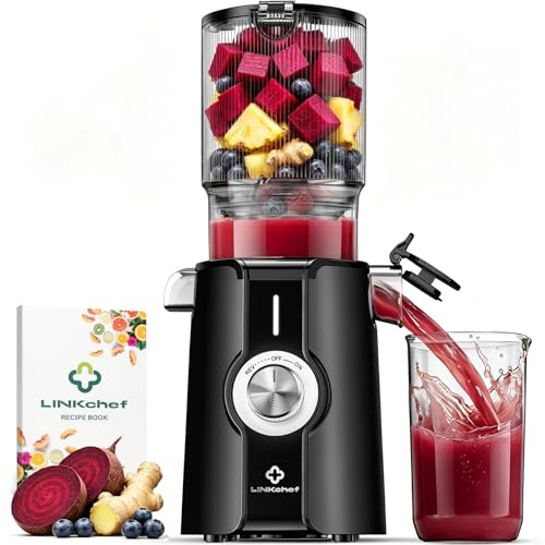 LINKChef Cold Press Juicer, 4.53 Wide Chute, 200W Slow Masticating Juicer | 4.53 extra-wide chute fits whole fruits. 200W motor yields high juice. Easy to clean, BPA-free, includes recipes.