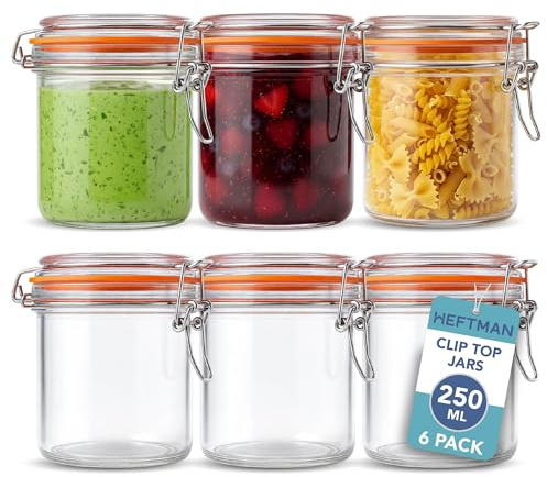 HEFTMAN Glasburkar med klämma – set med 6 250 ml lufttäta glasburkar med lock och silikontätning – för pasta, kaffebönor, surdegsstartare – matförvaringsburksset