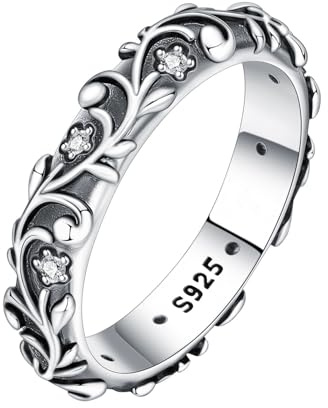 PANPOKI Stackable Ringe Set 925 Sterling Silber – Minimalistischer Band & Vintage Blumenring mit Zirkonia | Damen Stacking Rings | Geschenkbox + Putztuch
