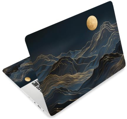 CRAFTYMELODY Autocollant en vinyle pour ordinateur portable - Motif montagne - Imperméable et résistant aux rayures - Motif montagne dorée et lune