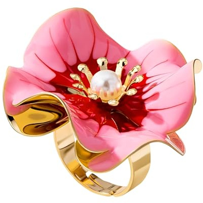 IMINI Large Enamel Floral Statement Ring for Women, Gold Tone Plated Adjustable Open Wrap Finger Band with Faux Pearl, Lightweight Flower Promise Wedding Jewellery Comfort Fit (Q-Y) (Pink)