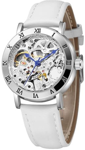 MASTOP Damklockor automatisk steampunk självuppdragande mekaniskt silverarmband damer skelett armbandsur, Läder vit, Mekanisk